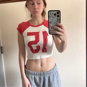 Red and White Cropped Baseball Tee